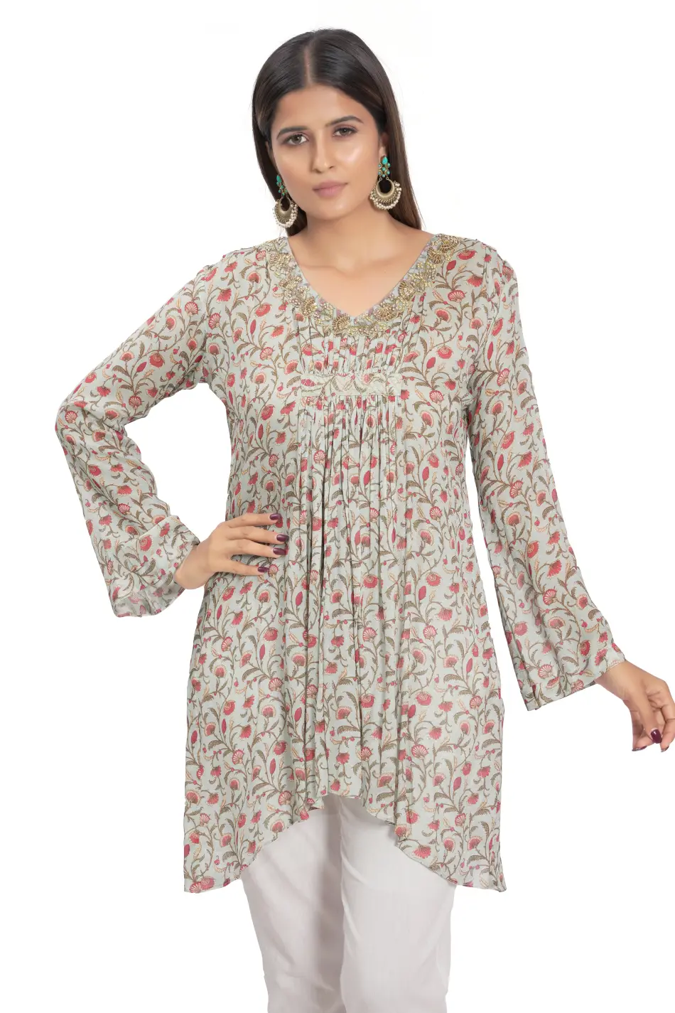 LIGHT BLUE PRINTED  HAND EMBROIDERED TUNIC