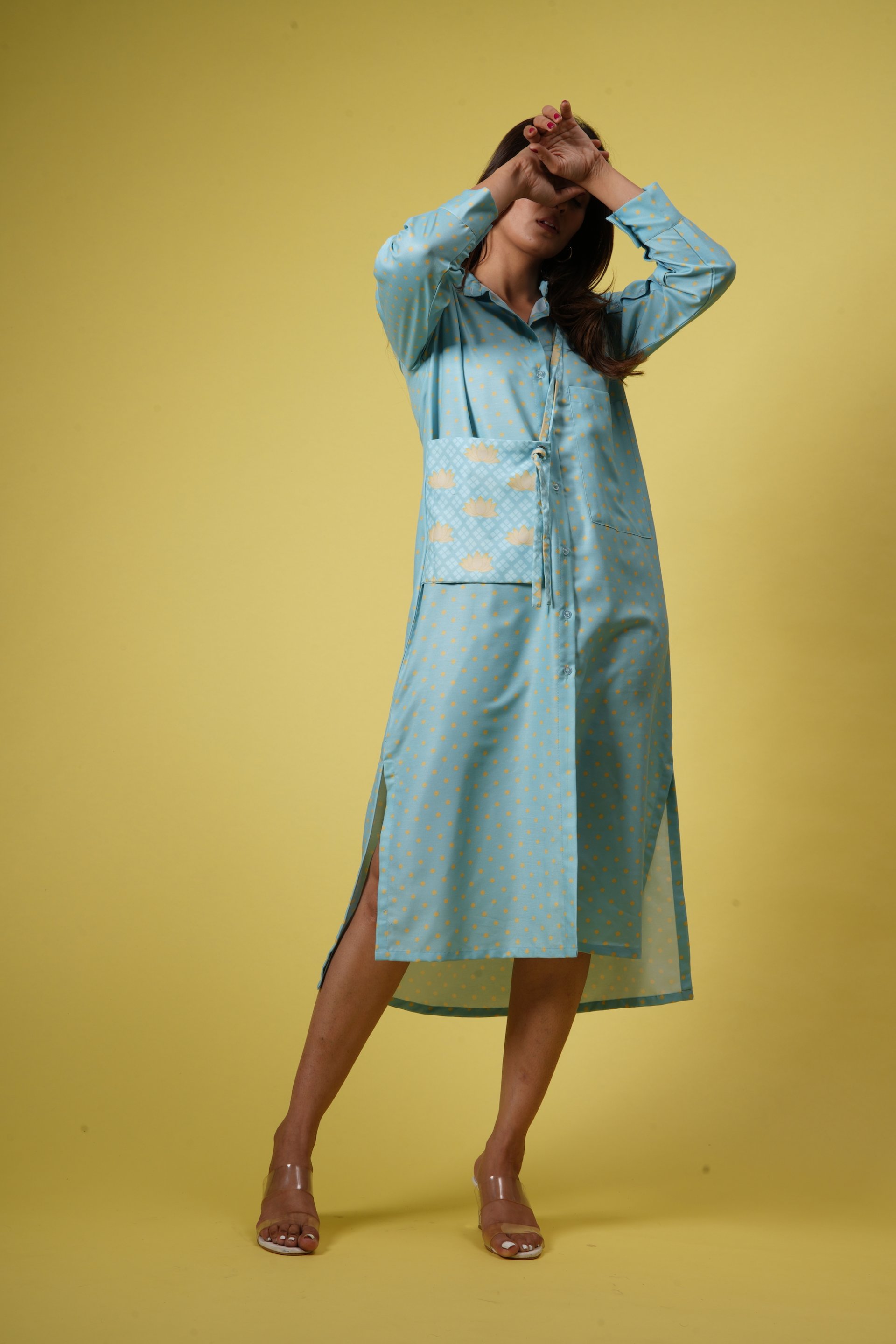 Stylish Blue Calf Length Shirt Dress